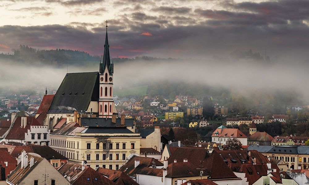 Overview from Cesky Castle to Vlata River and Cesky Krumlov in the Czech Republic